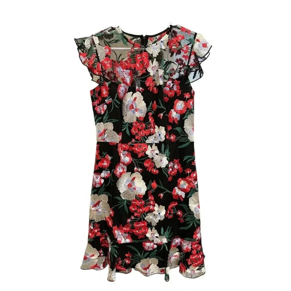Donna Morgan Floral Embroidered Sheer Top Cocktail Dress Black Size 6 Wedding